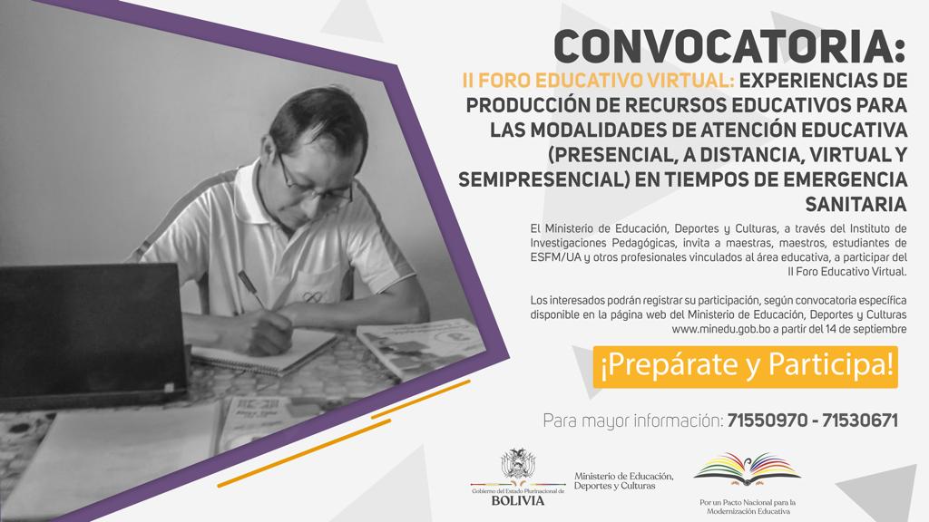 II FORO EDUCATIVO VIRTUAL: EXPERIENCIAS DE PRODUCCIÓN DE RECURSOS EDUCATIVOS PARA LAS MODALIDADES DE ATENCIÓN EDUCATIVA (Presencial, A distancia, Virtual y Semipresencial) EN TIEMPOS DE EMERGENCIA SANITARIA